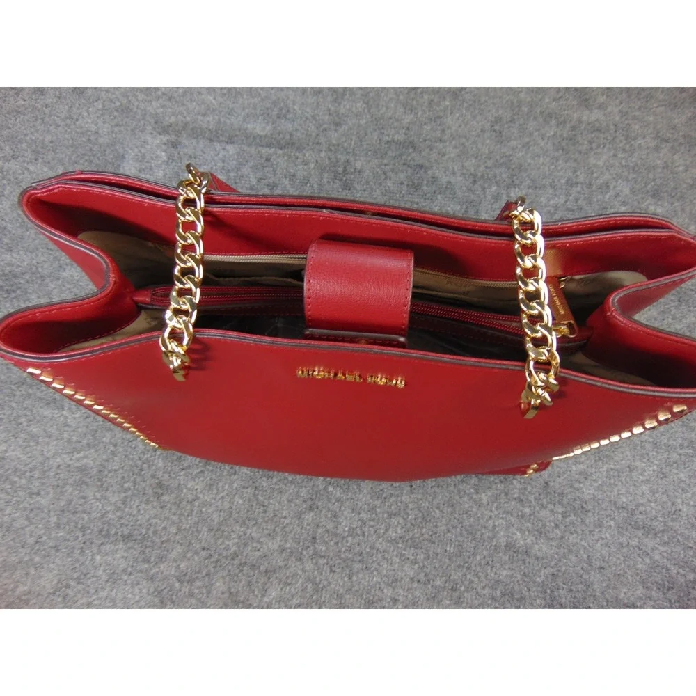 Michael Kors Large Tote Red Leather Gold Studded Chain Shoulder Bag 35H7GE0T3L